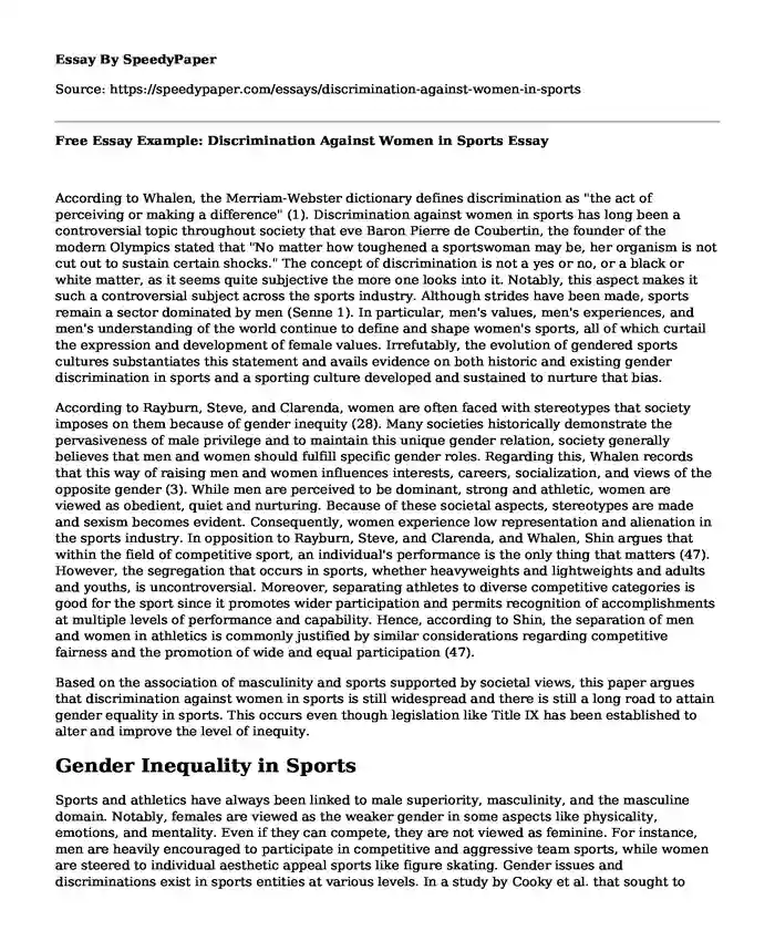 Free Essay Example: Discrimination Against Women in Sports