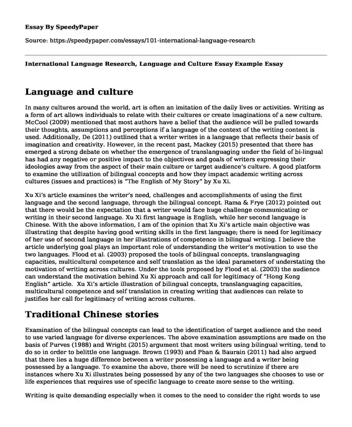 International Language Research, Language and Culture Essay Example