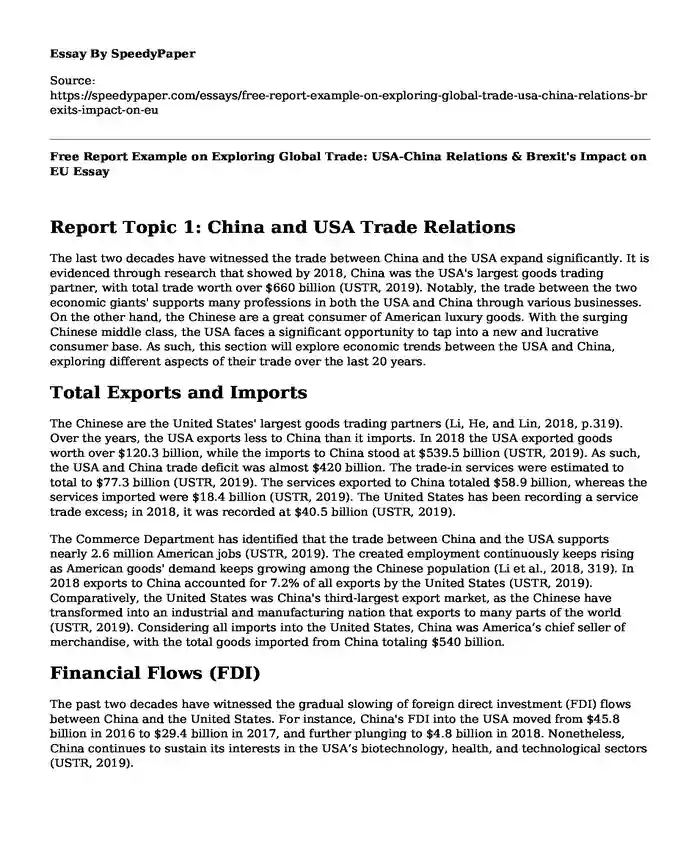 Free Report Example on Exploring Global Trade: USA-China Relations & Brexit's Impact on EU