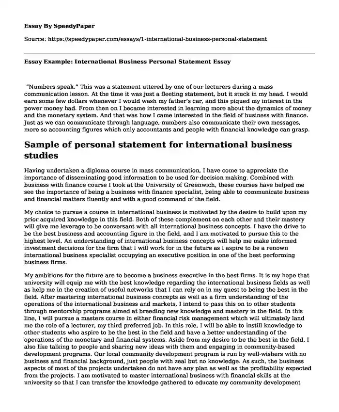 Essay Example: International Business Personal Statement
