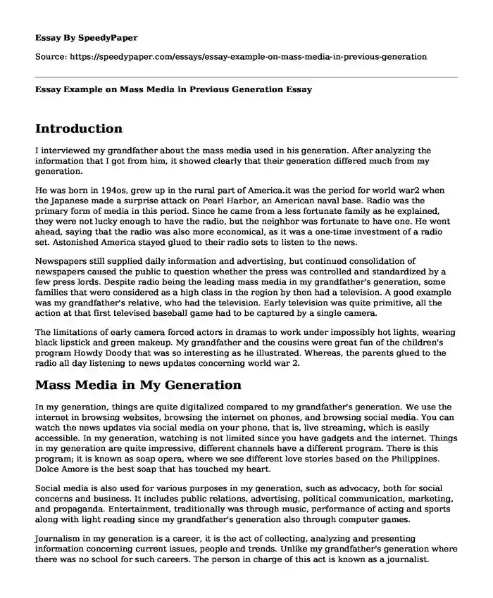 Essay Example on Mass Media in Previous Generation