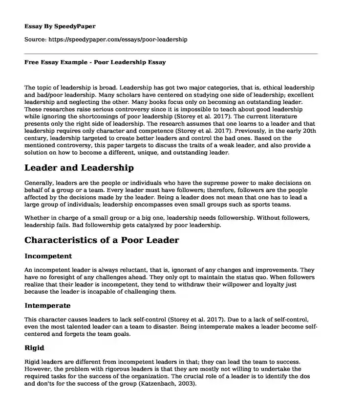 Free Essay Example - Poor Leadership