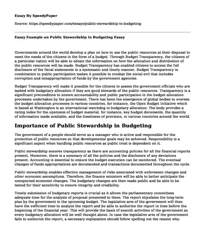Essay Example on Public Stewardship in Budgeting