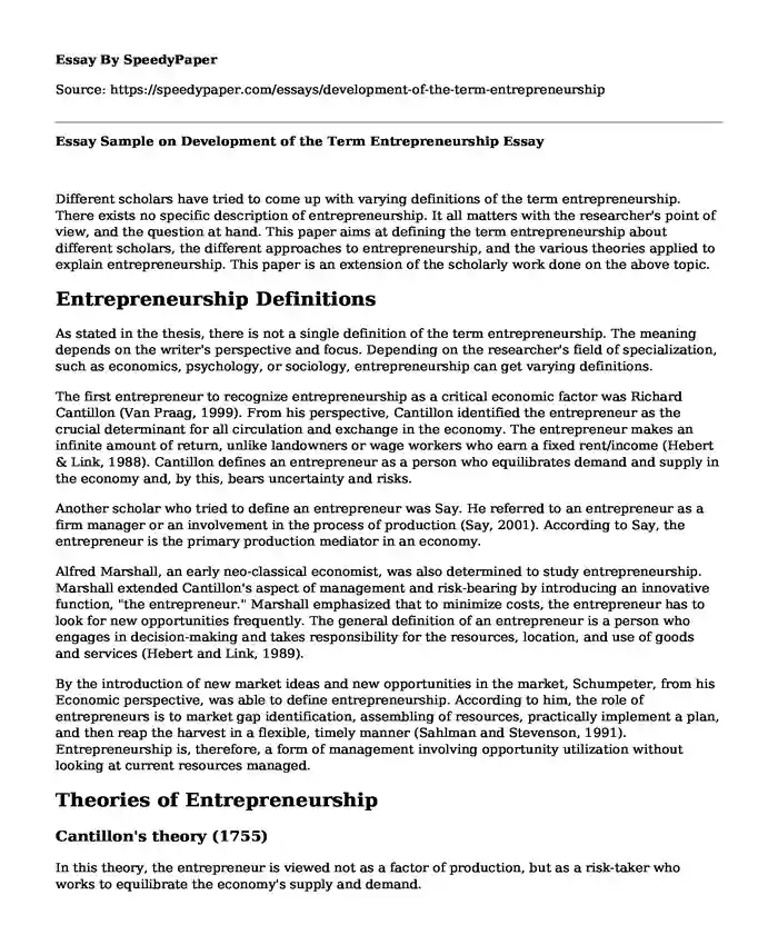 Essay Sample on Development of the Term Entrepreneurship