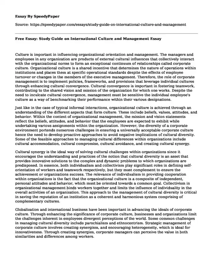 Free Essay: Study Guide on International Culture and Management
