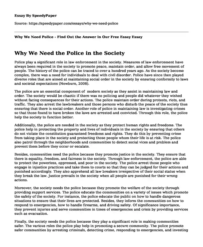 Why We Need Police - Find Out the Answer in Our Free Essay