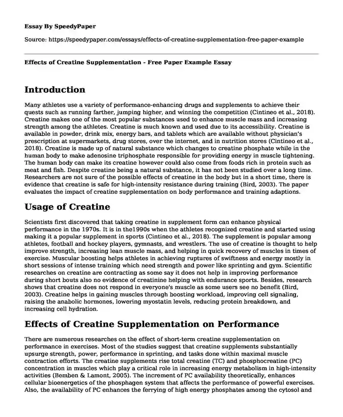 Effects of Creatine Supplementation - Free Paper Example