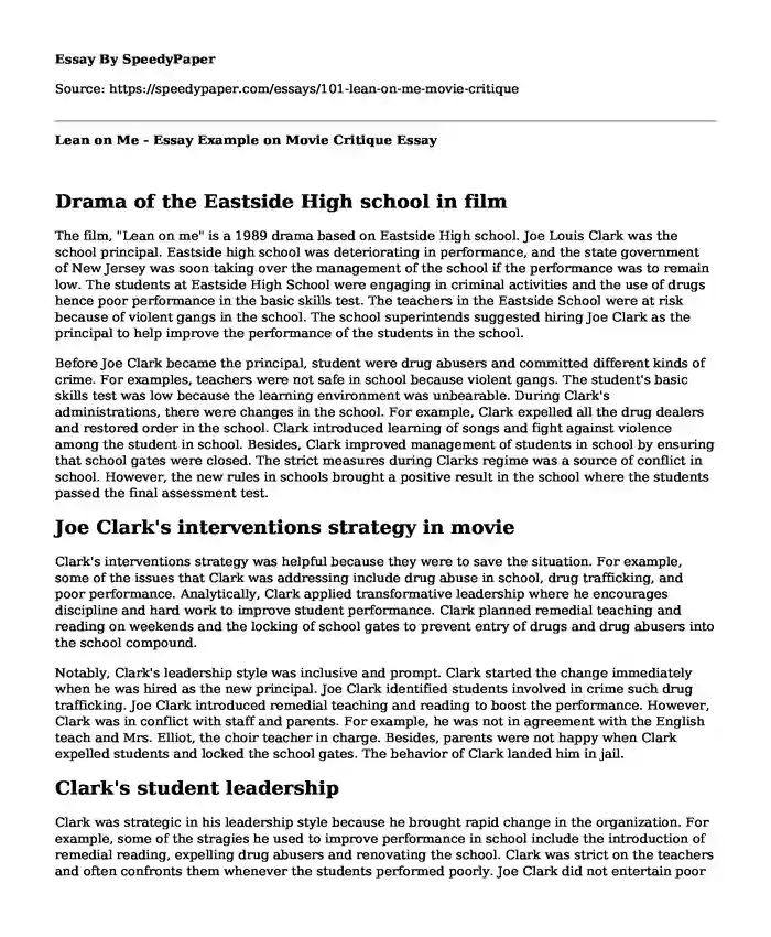 Lean on Me - Essay Example on Movie Critique