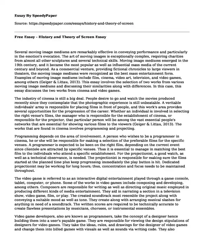 Free Essay - History and Theory of Screen