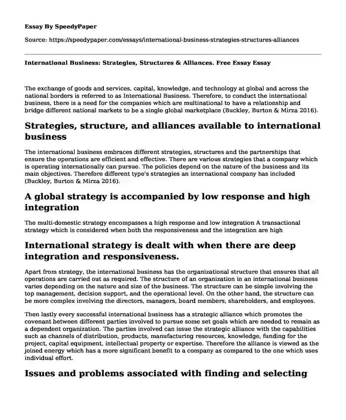 International Business: Strategies, Structures & Alliances. Free Essay
