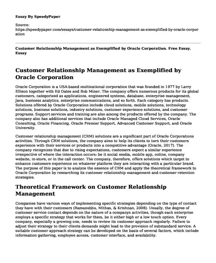 Customer Relationship Management as Exemplified by Oracle Corporation. Free Essay.