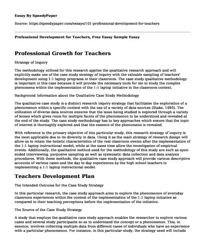 Professional Development for Teachers, Free Essay Sample