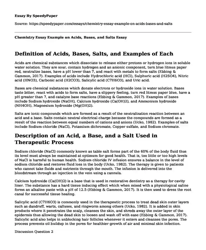 Chemistry Essay Example on Acids, Bases, and Salts