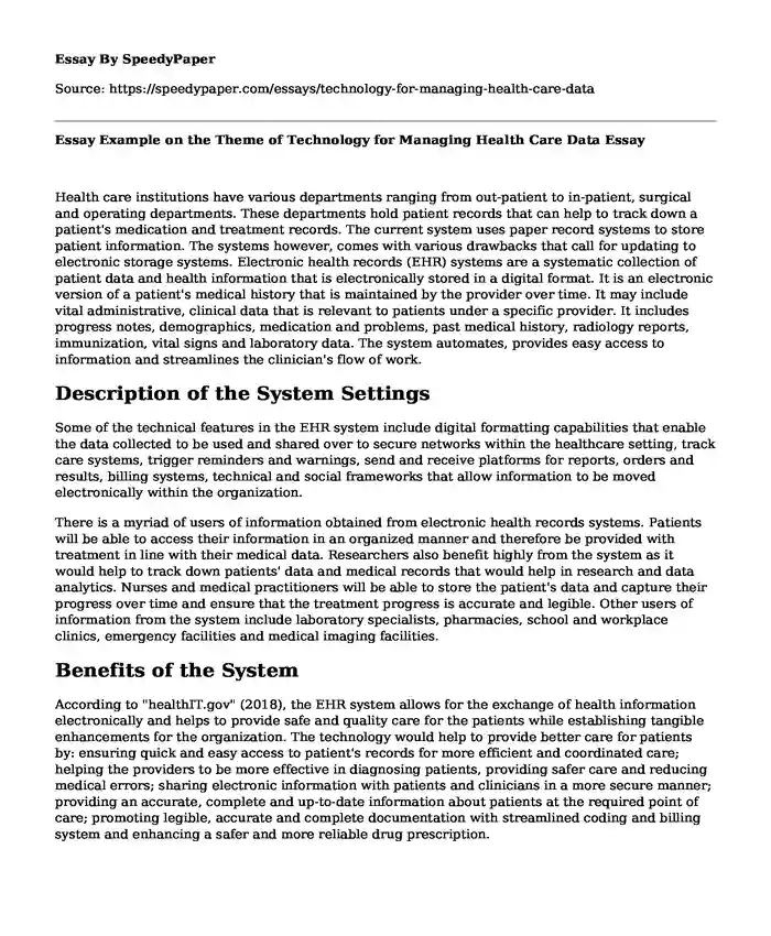 Essay Example on the Theme of Technology for Managing Health Care Data