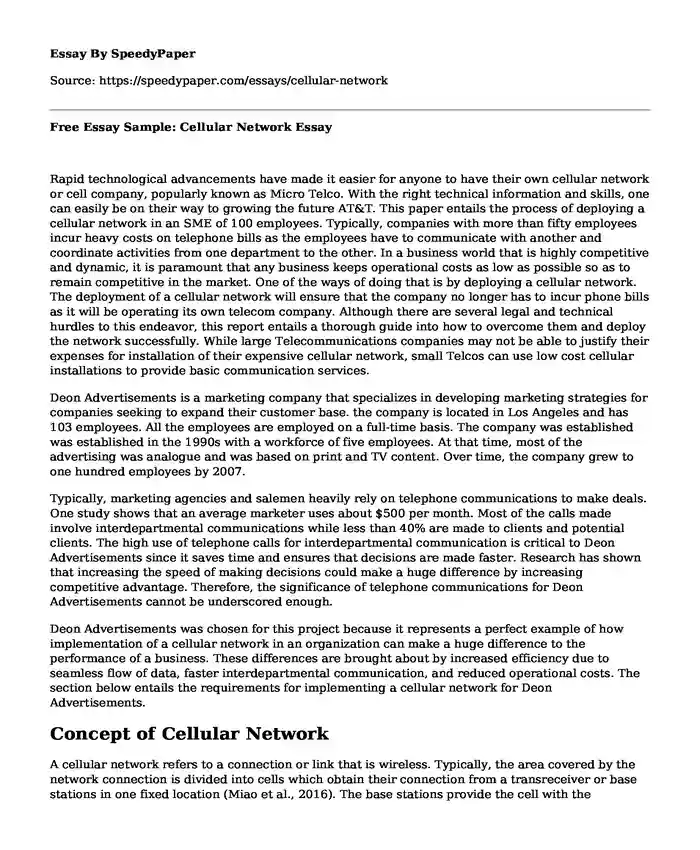 Free Essay Sample: Cellular Network
