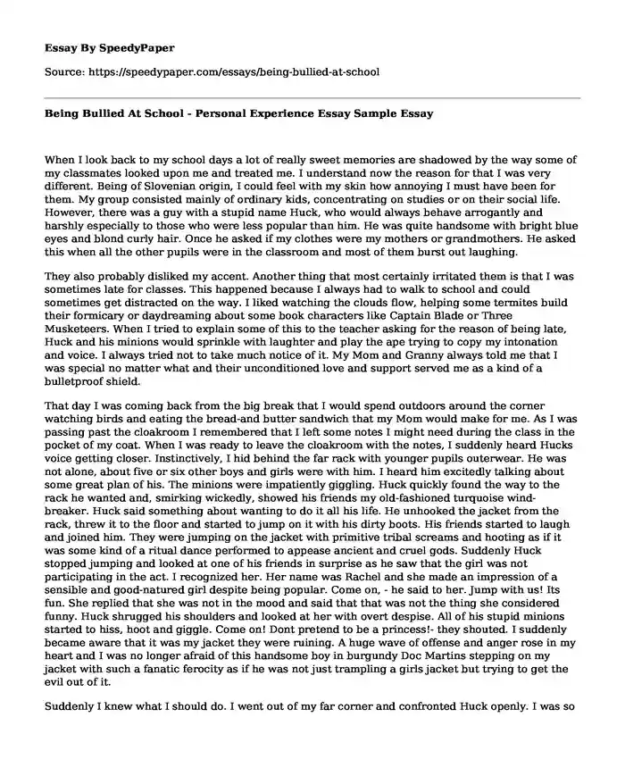 Being Bullied At School - Personal Experience Essay Sample