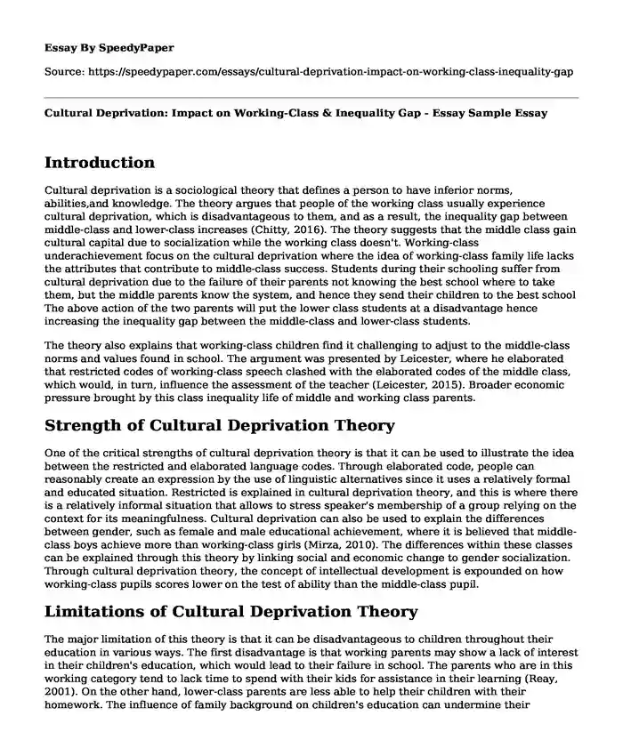 Cultural Deprivation: Impact on Working-Class & Inequality Gap - Essay Sample