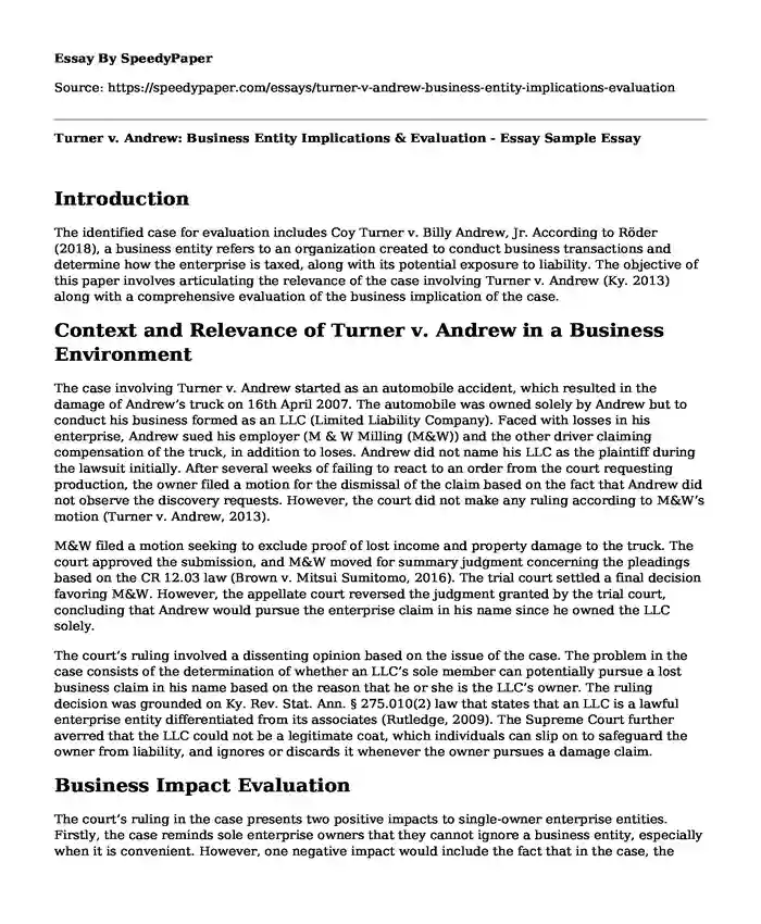 Turner v. Andrew: Business Entity Implications & Evaluation - Essay Sample