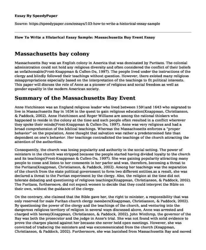 How To Write a Historical Essay Sample: Massachusetts Bay Event