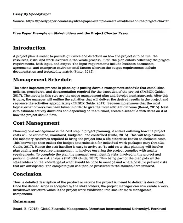 Free Paper Example on Stakeholders and the Project Charter