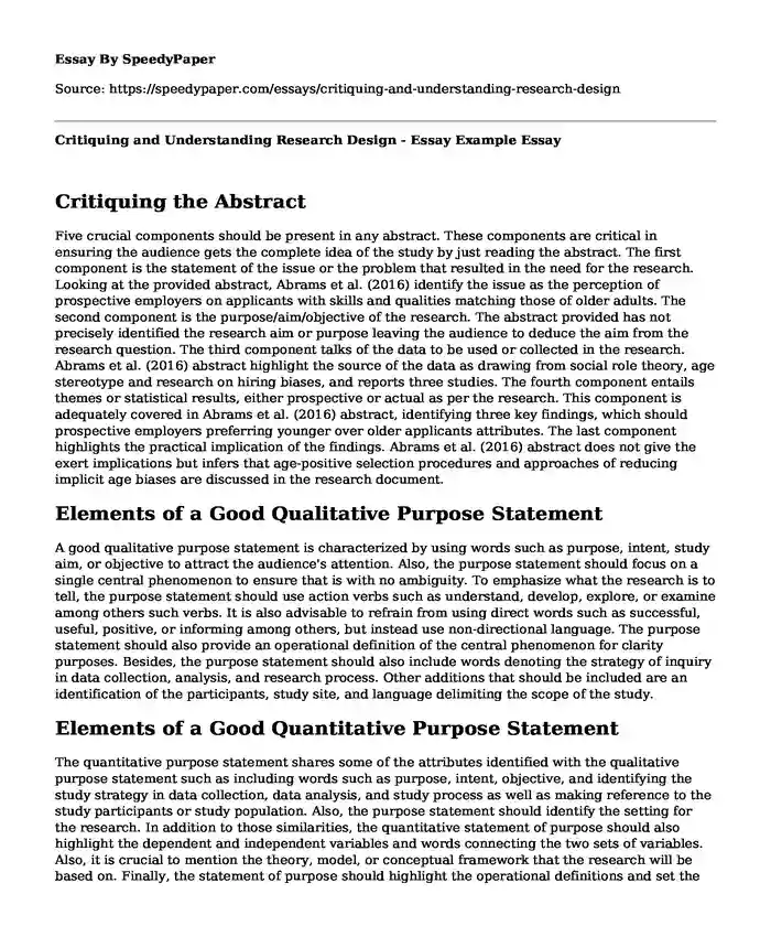 Critiquing and Understanding Research Design - Essay Example