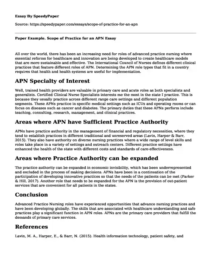 Paper Example. Scope of Practice for an APN