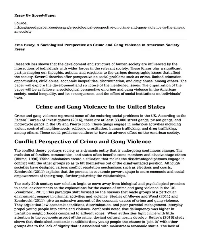 Free Essay: A Sociological Perspective on Crime and Gang Violence in American Society