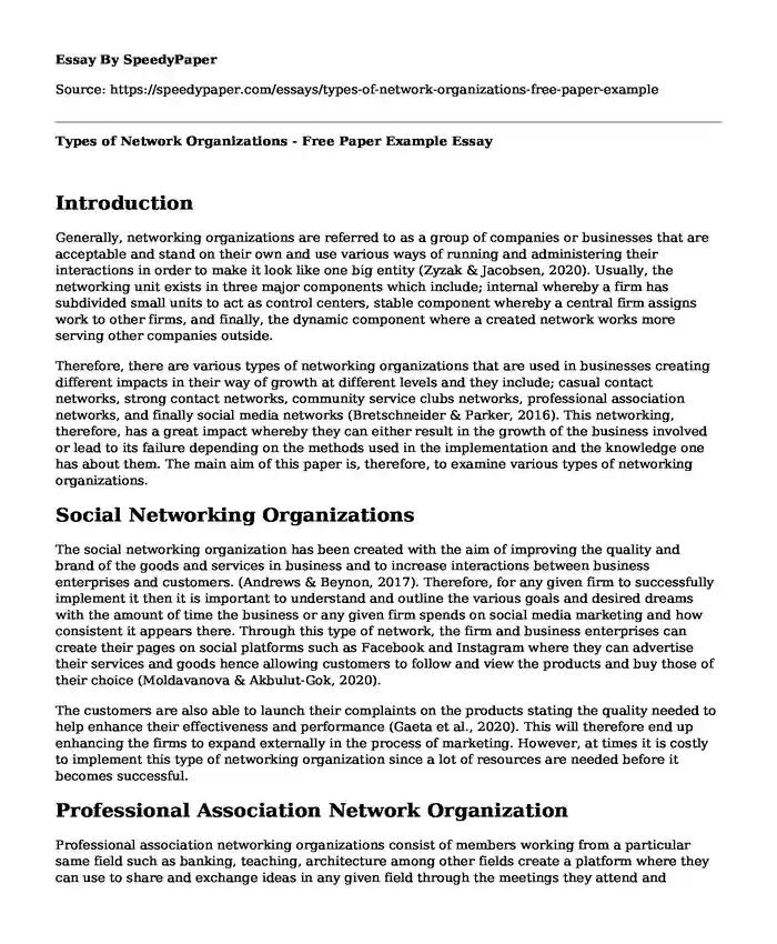 Types of Network Organizations - Free Paper Example