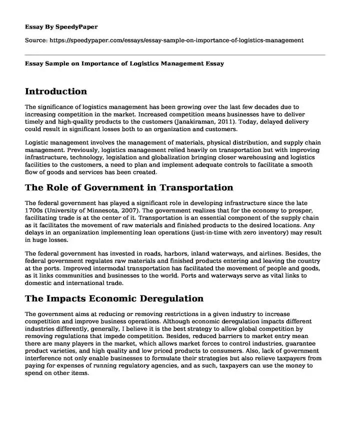 Essay Sample on Importance of Logistics Management
