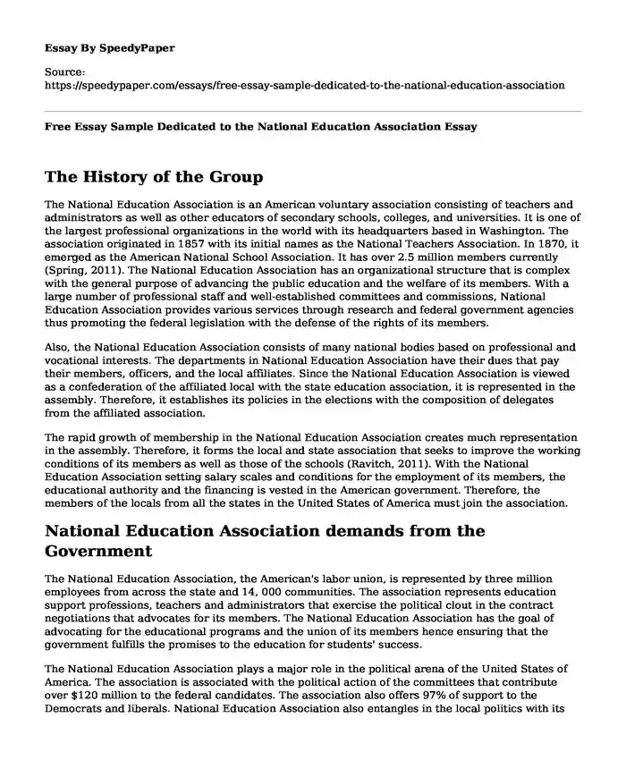 Free Essay Sample Dedicated to the National Education Association