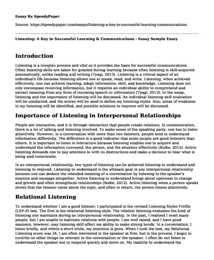 Listening: A Key to Successful Learning & Communications - Essay Sample