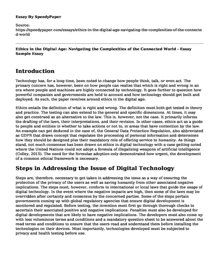 Ethics in the Digital Age: Navigating the Complexities of the Connected World - Essay Sample