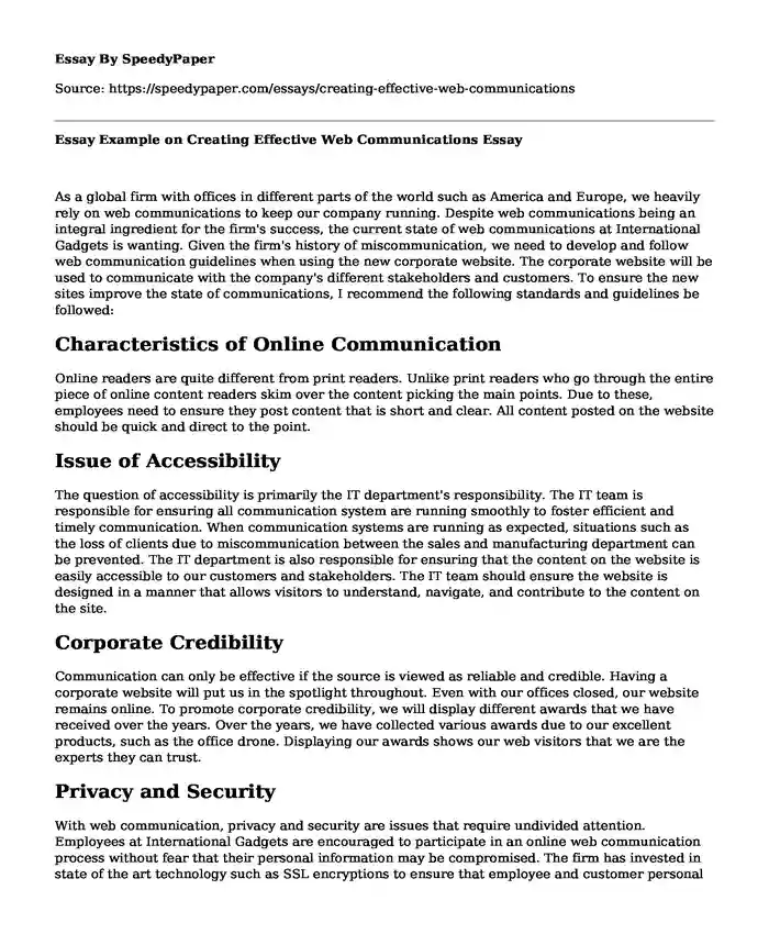 Essay Example on Creating Effective Web Communications