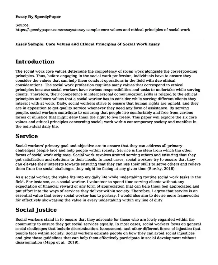 Essay Sample: Core Values and Ethical Principles of Social Work