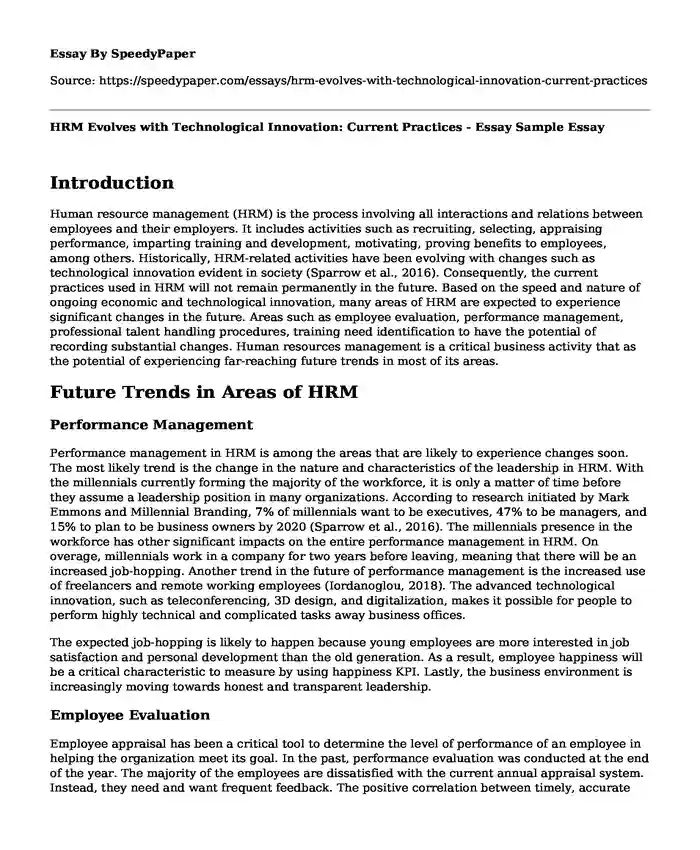 HRM Evolves with Technological Innovation: Current Practices - Essay Sample