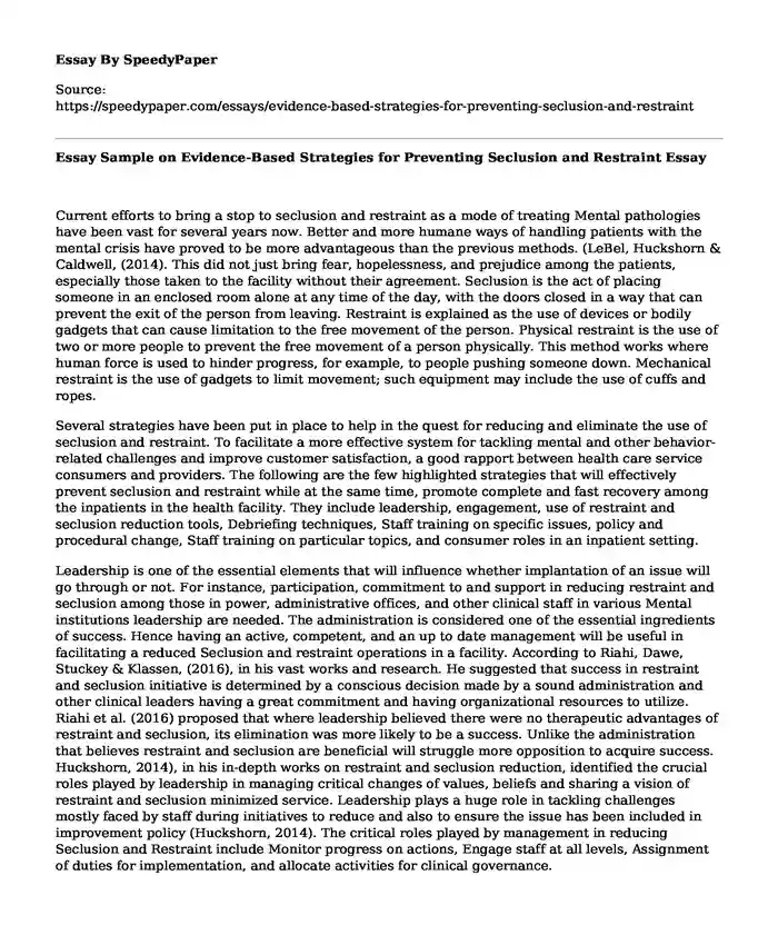 Essay Sample on Evidence-Based Strategies for Preventing Seclusion and Restraint