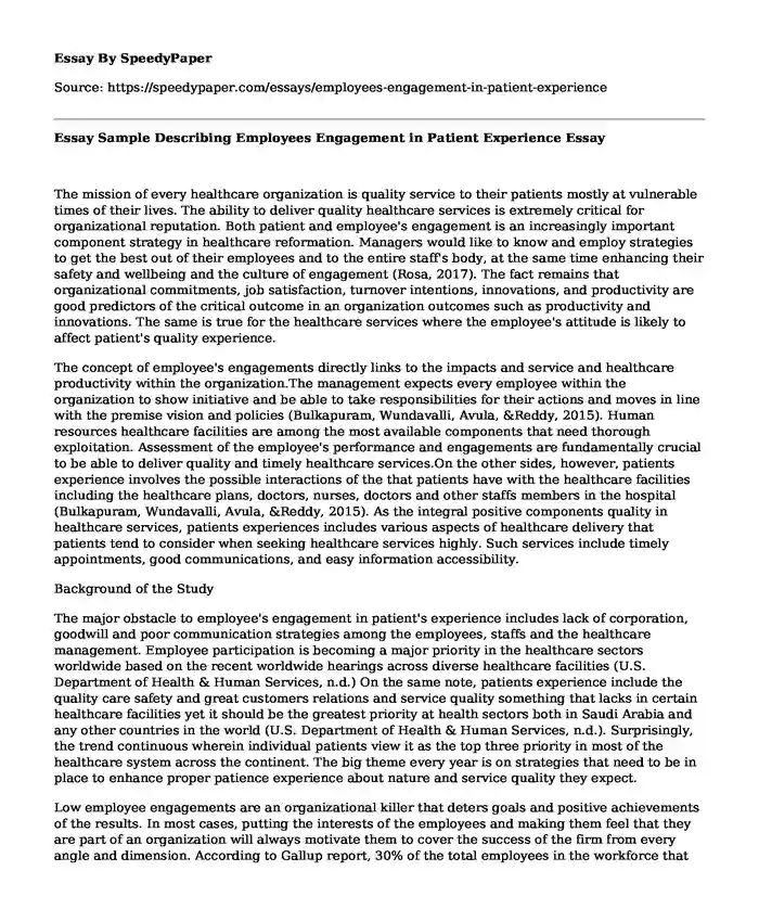Essay Sample Describing Employees Engagement in Patient Experience