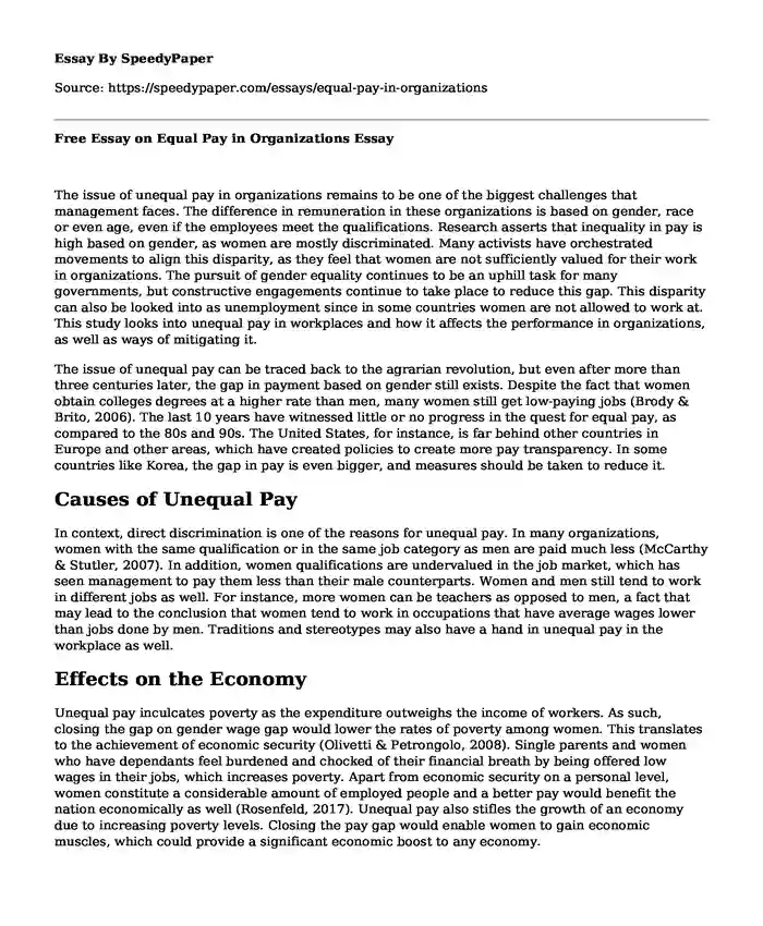 Free Essay on Equal Pay in Organizations
