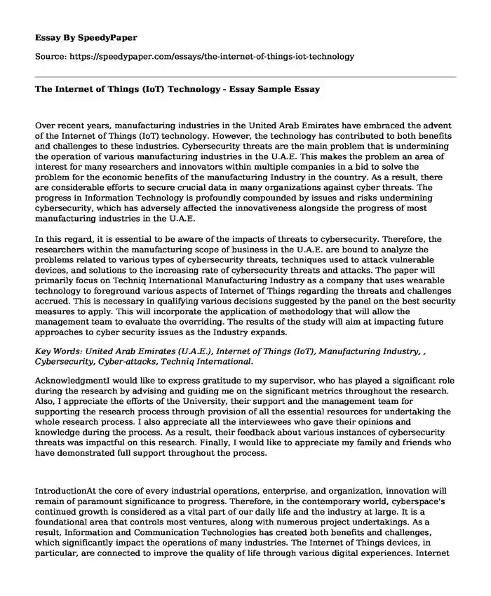 The Internet of Things (IoT) Technology - Essay Sample