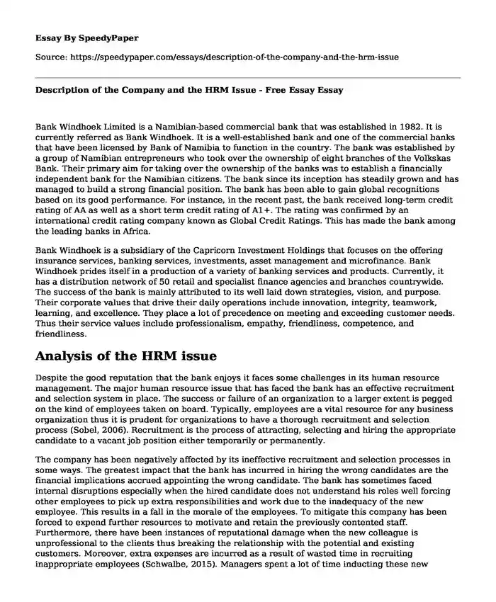 Description of the Company and the HRM Issue - Free Essay