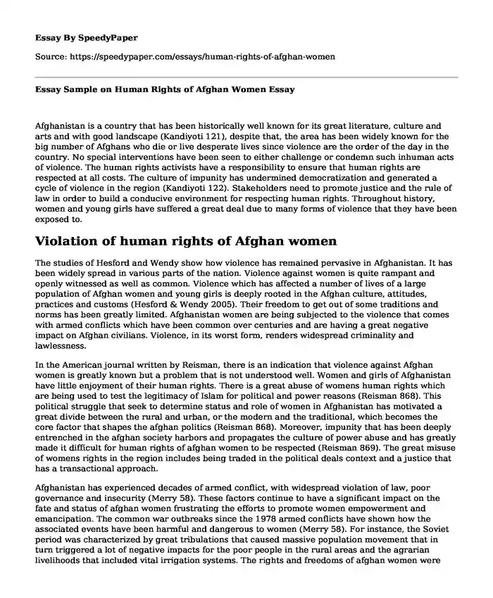 Essay Sample on Human Rights of Afghan Women