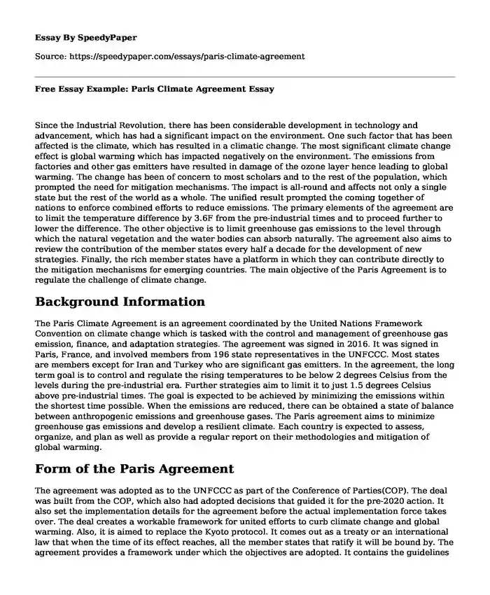 Free Essay Example: Paris Climate Agreement