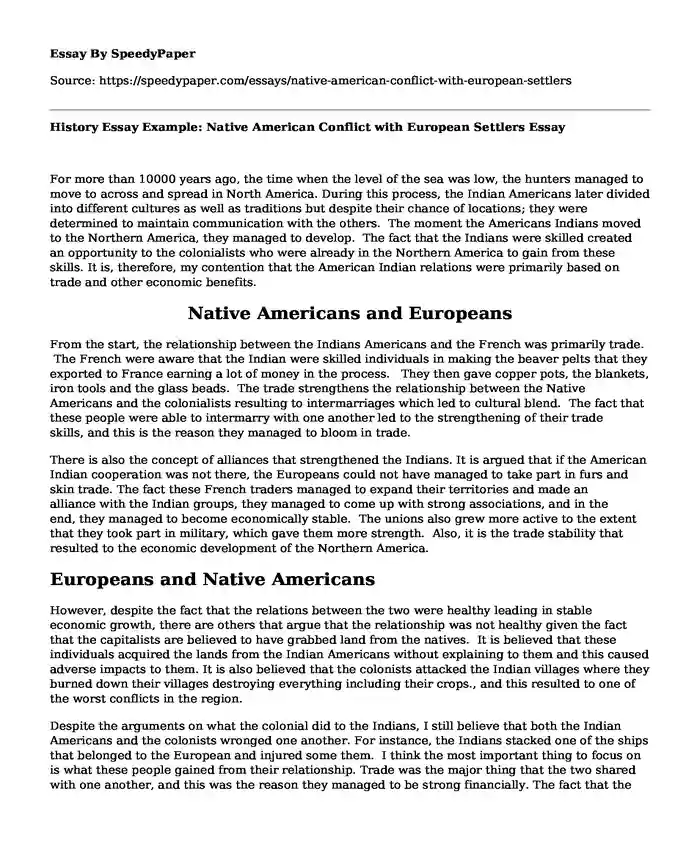 History Essay Example: Native American Conflict with European Settlers