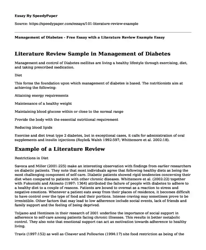 Management of Diabetes - Free Essay with a Literature Review Example
