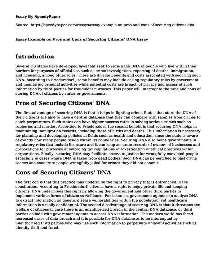 Essay Example on Pros and Cons of Securing Citizens' DNA
