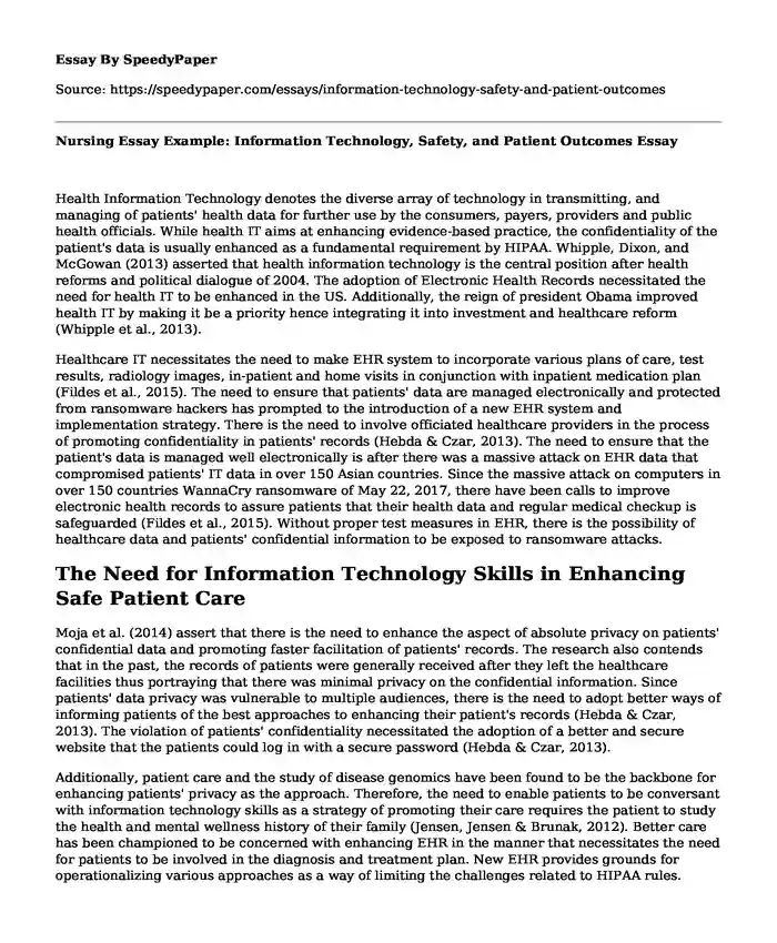 Nursing Essay Example: Information Technology, Safety, and Patient Outcomes