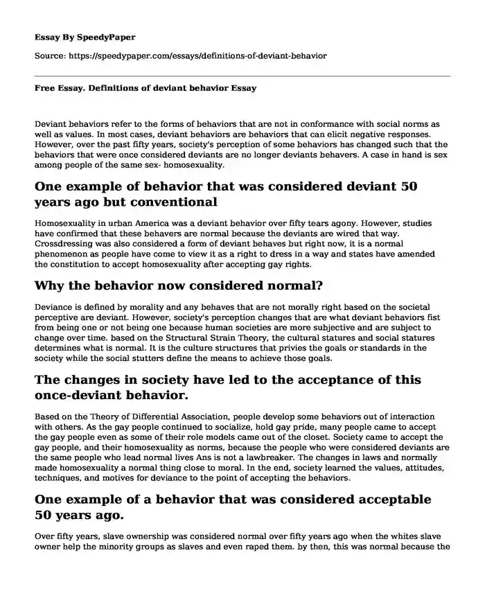 Free Essay. Definitions of deviant behavior