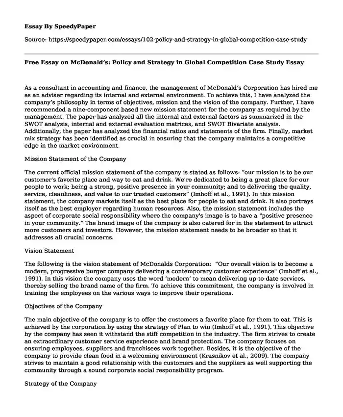 Free Essay on McDonald's: Policy and Strategy in Global Competition Case Study