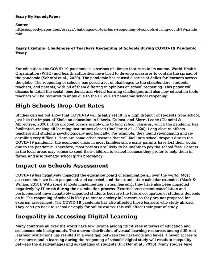 Essay Example: Challenges of Teachers Reopening of Schools during COVID-19 Pandemic