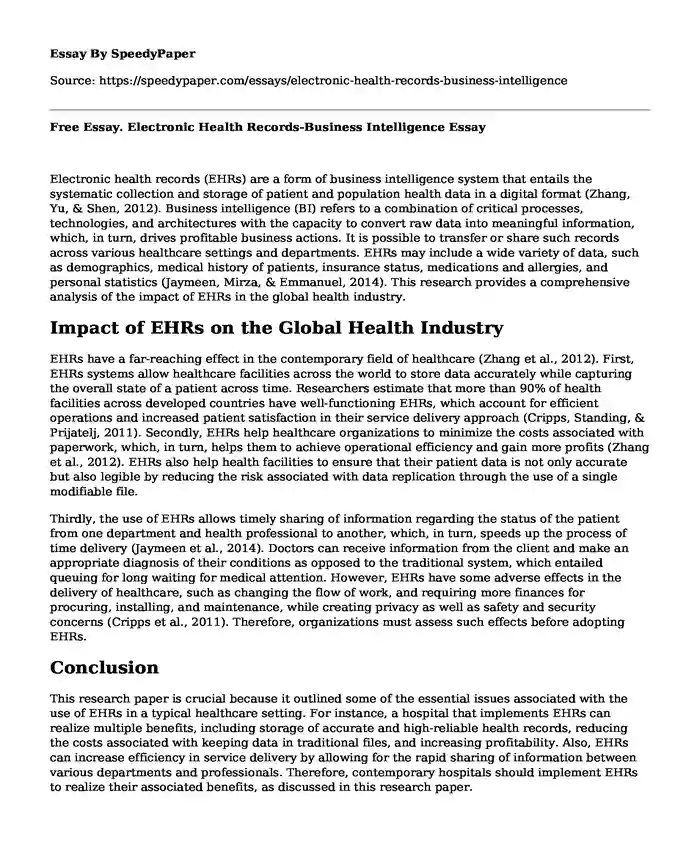 Free Essay. Electronic Health Records-Business Intelligence
